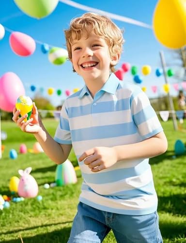 Image of COSLAND Blue and White Boys Striped Polo Shirt, Sky Blue & White,XS