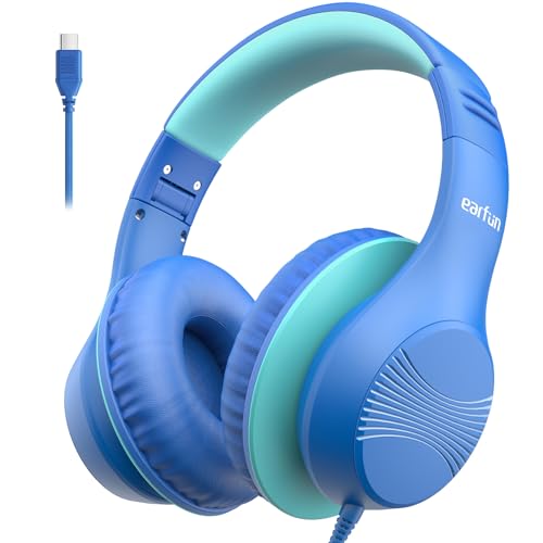 Earfun Kids Headphones Wired, Type-C Plug, Huge Over Ear Foldable Earmuffs, 85 dBA Volume Limited, HD Stereo Sound, Comfort Fit for All Age Children for Tablet/Phone/PC/Pad/Boys for Travel&Study, Blue