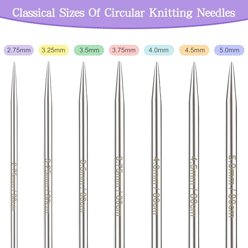 Image of Katech 32 inch (80cm) Circular Knitting Needles Set, 2.75mm-5.00mm Stainless Steel Knitting Needles with Cables, 7 Sizes Long Round Needle for Sweaters, Hats, Socks, Scarves