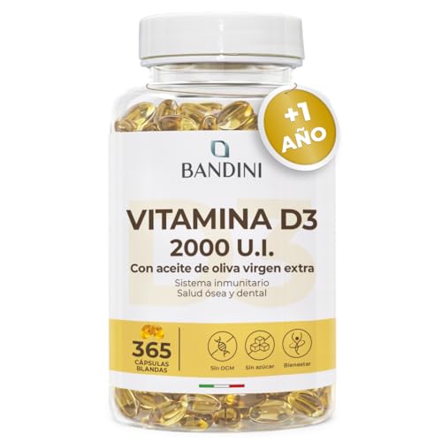 Bandini® Vitamina D3 Natural 365 Cápsulas Blandas Suministro de 1 año - Con Aceite de Oliva Extra Virgen para una Absorción Óptima - Favorece la Función Ósea e Inmunológica - 2000 UI de Vitaminas D