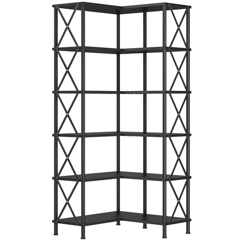 HOOBRO Corner Bookshelf, 6-Tier L-Shaped Bookcase, Industrial Open Display Shelf Tall Storage Organizer, Vertical Storage Rack, for Living Room, Home Office, Black BB61SJ01