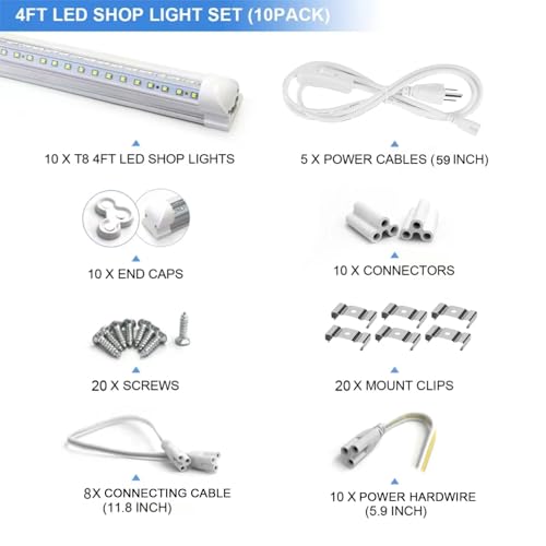 Image of Phiwicsh 4FT T8 LED Shop Lights 10 Pack, 40W 5400LM 6500K, V Shape High Output Clear Cover, Plug and Play, Linkable, for Garage, Warehouse, Basement