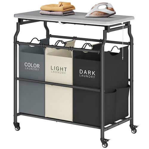 Hoctieon 3 Section Laundry Sorter Cart with Ironing Board, Laundry Hamper Basket with Shelf and Wheels, Heavy Duty Clothes Organizer, Large Clothes Separator with Removable Bags, Black+Gray+Beige