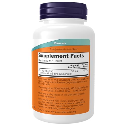 NOW Supplements, Zinc 50 mg, Tablets 250 Count