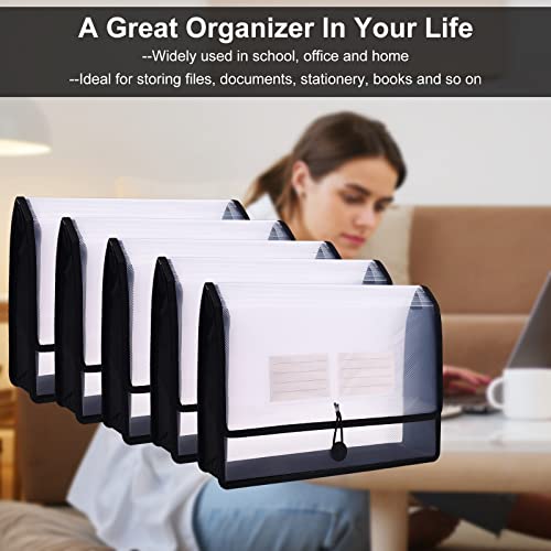 Eco-Friendly Plastic File Folders, Poly Expanding File Wallet, Expandable Envelope Organizer Document Folder With Elastic Band And Button Closure, With Small Two Pockets, 5 Pack- Black #TOP5