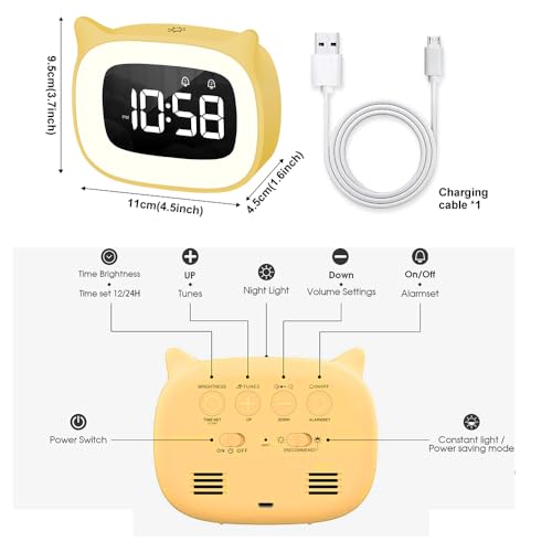 Aoreun Wecker Digital Kinder, Dual-Wecker mit licht Digital, Cute Katzen Kinderwecker Nachttischlampe Snooze Funktion 18 Musik 5 Helligkeitsmodus, zeitgesteuertes Nachtlicht wecker (Gelb)
