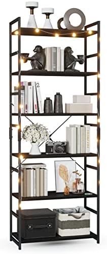 OTK 6 Tier Adjustable Bookshelf with String Light Tall Bookcase, Office Shelf Storage Organizer, Modern Book Shelf for Living Room, Bedroom, and Home Office, Black