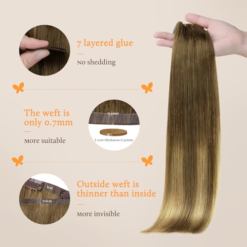 Image of DOORES Real Human Hair Extensions - Medium Brown Highlighted Dirty Blonde, 7pcs 14 Inch 110g, Seamless Clip In, Invisi Edge, Straight