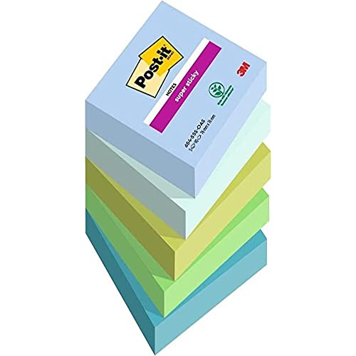 Image of Post-it Super Sticky Notes Oasis Collection Pack of 5 Pads, 90 Sheets Per Pad, 76mm x 76mm, Blue, Green - Extra Strong Sticky Notes for Notes, To Do Lists and Reminders