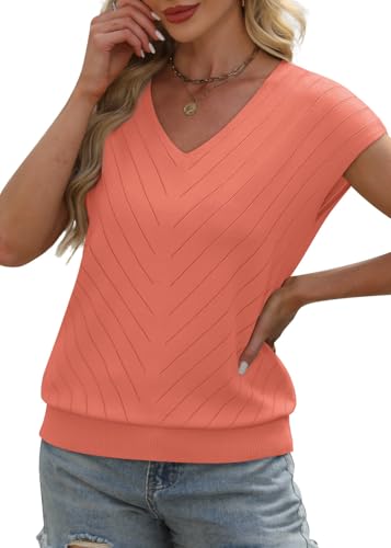Image of WIHOLL Short Sleeve Sweater for Women V Neck Trendy Summer Tops 2026 Beach Vacation Clothes Travel Business Casual Outfits