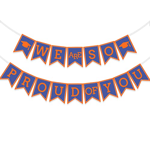 Image of Blue Graduation Orange We Are So Proud Of You Banner Congrats Grad Cap Bunting Flag Grad Party Decoration Idea