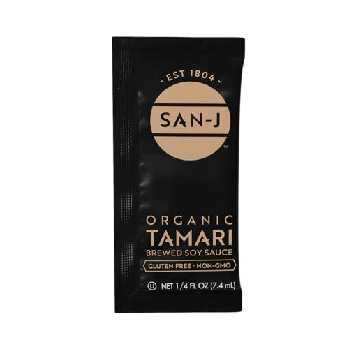 San-J - Organic Gluten Free Tamari Soy Sauce - Made with 100% Whole Soy - Specially Brewed - 1/4 oz. Individual Portioned Packets - 50 Pack