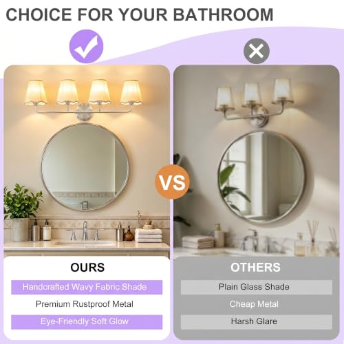 Image of Bathroom Light Fixtures Vanity Light 4-Light Brushed Nickel 30.7 inch | Farmhouse Bathroom Lights, Beige Wavy Fabric Shade, Dimmable Vanity Lighting Fixtures for Mirror Bedroom Living Room Hallway
