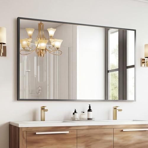 Image of Sweetcrispy Bathroom Mirror for Over Sink, 30 inch x 48 inch Rectangle Wall Mount Mirrors with Metal Frame, Modern Vanity Mirror with Tempered Glass, for Home Decor, Anti-Rust, Black
