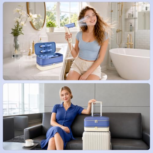 Image of Travel Hair Dryer Case for Shark Glam, Portable Hair Tools Bag for Shark FlexFusion, Double-Layer Carrying Case for FlexStyle Blow Dryer, Silki & Glossi Attachment Holder (Periwinkle&Buttercream)