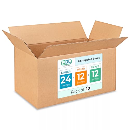 Large Shipping &amp; Moving Boxes 24x12x12 inches (10-Pack) - Extra Strength 200 lb vs Regular - Corrugated Cardboard Boxes Moving - Large Shipping Box for UPS, FEDEX - Packing Box by IDL Packaging