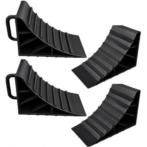 HowseHold Wheel Chocks With Handles (Set of 4) Tyre Saver Brake Stoppers Ridged Wedges for Cars Caravan Horsebox Motorhome Garage & Workshop Equipment 3.5cm x 10cm x 15cm
