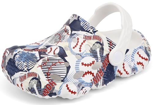 INMINPIN Kids Clogs Ball Sports Print Garden Shoes Boys Girls Water Shower Pool Beach Slides Sandals for Sports Fan White-Baseball Big Kid 1