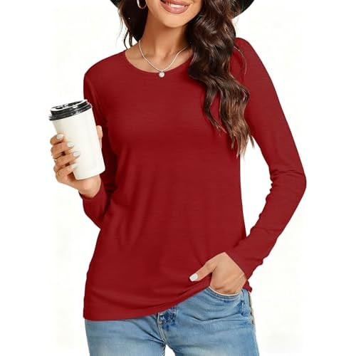 Long Sleeve Shirts for Women Basic Crew Neck Fall Tops Casual Fit T Shirts, Red, S