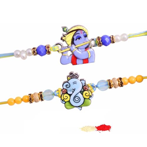 Image of TIED RIBBONS Rakhi for Kids - Krishna & Ganesha Kids Rakhis Set of 2 with Tikka - Kid Rakhi for Brother - for Rakshabandhan Combo Set