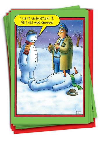 NobleWorks 12 Humorous Christmas Greeting Cards Bulk Box Set with 5 x 7 Inch Envelopes (1 Design, 12 Each) Snowman Sneeze B5706