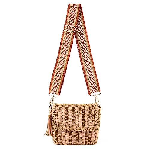 Women's Summer Straw Braided Crossbody Bag with Tassel Chain,Shoulder Straps Woven Beach Handbag Handmade Wallet Purse2