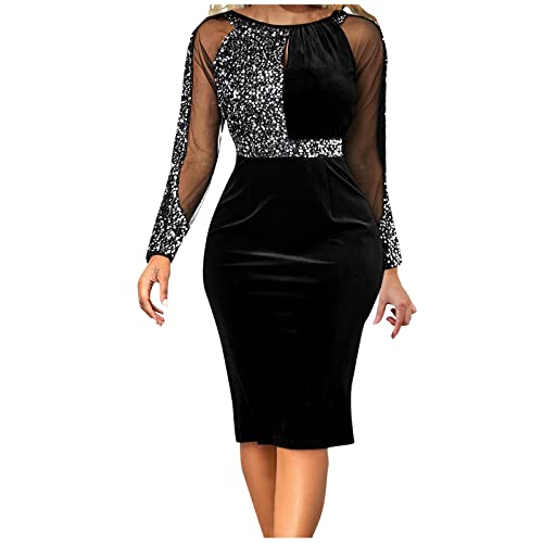 weihnachtskleider Damen Kleid Weihnachten Glitzer Samt Tüll Patchwork Knielang Kleid Bodycon Rundhals Langarm Kleid Slim Fit Party Samtkleid Dessous...