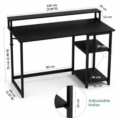 Image of Study Table with Monitor Stand| Small Home Office Desk with Ergonomic Monitor Stand| Reversible Computer Desk| Modern Study Desk| Laptop Desk| Black| 120x60x75 CM