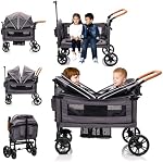 Luxury Wagon Stroller for 2 Kids & Cargo-Lightweight Foldable Travel Push Pull All-Terrain Double Wagon for 2 Toddlers with 5-Point Harness,Adjustable Handle,Canopy,Tray Table,Cup Holder