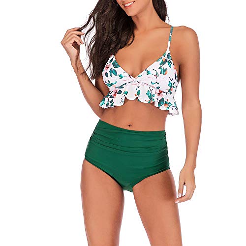 MissHoliday Women Two Pieces High Waisted Ruffle Bikini Set Printed Swimwear Bathing Suit Junior Bikini Swimsuits (SW-CC46 Green XL)
