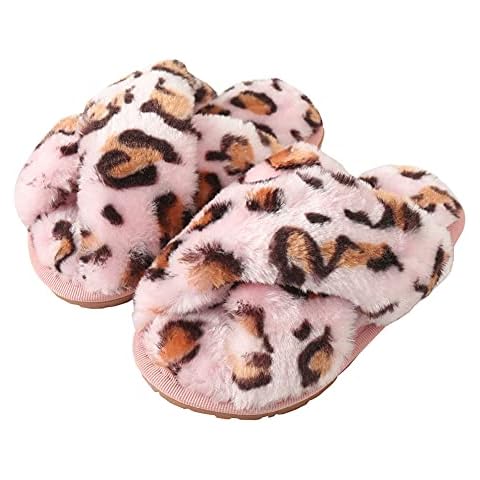 Fadezar Girls Fluffy Slippers for Kids Cute Fuzzy Slippers Open Toe Warm Fur Slides Cross Band Plush Slip on House Indoor Slippers Pink Leopard Narrow US 1-1.5 Big Kid EU 32-33 Cover