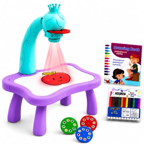 Image of GRAPHENE Purple Creative Drawing Projector Table Toy Set for Kids 24 Patterns Led Magic Doodle Board Trace Draw 12 Colorful Smart Sketch Pen Artbook Educational Fun Painting Desk Boy Girl 3+ Years