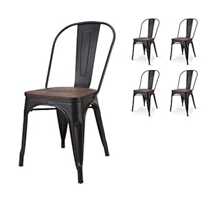 Kosmi – Lot de 4 chaises en métal Noir et Assise en Bois foncé – Style Industriel