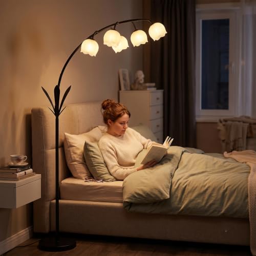 Image of HMVPL Black Floor Lamp for Living Room, Flower Floor Lamp with 5 G9 LED Bulbs, Foot Switch, Arc Standing Lamp with Acrylic Shade,Marble Base, Cute Tall Lamp for Living Room Corner Bedroom Reading Home