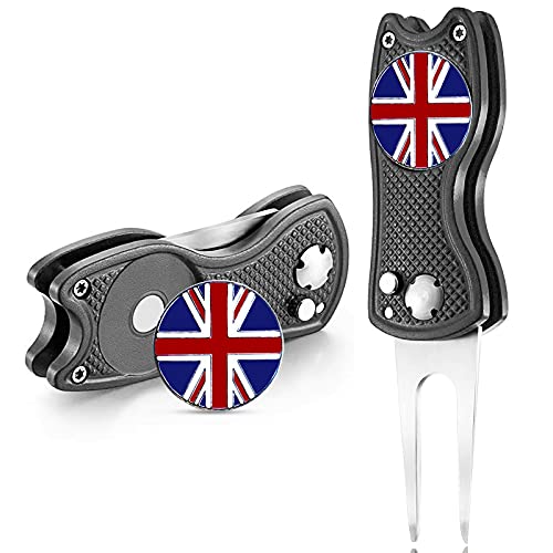 FINGER TEN Golf Divot Repair Tool with Ball Marker Value 2 Pack, Stainless Steel Magnetic Marker Color Red Blue Black Foldable Portable Gifts for Men Women Golfer (Black Cat-2 Pack)