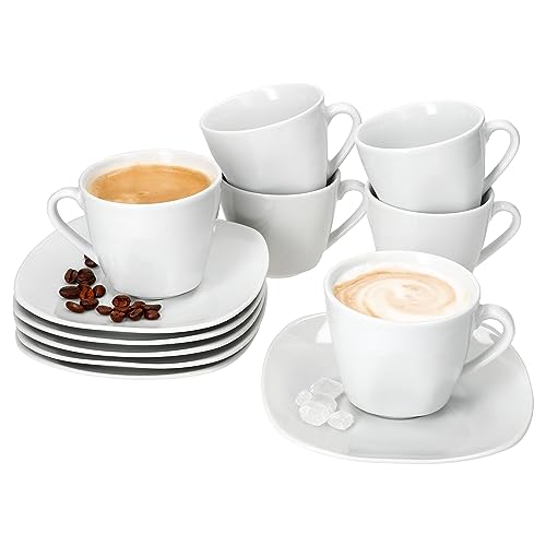 MamboCat Lotta Kaffeetassen mit Untertassen für 6 Personen I weiße Porzellan-Set für Frühstück & Kaffee I Je 6X Teetassen 170ml & Untertassen I schickes Geschirr für Zuhause, Gastro, Hotel, & Co
