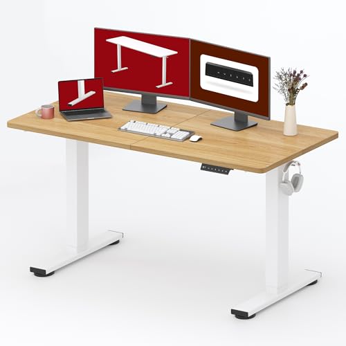 Image of SANODESK Height Adjustable Electric Standing Desk 55x24 Inches, Sit Stand Desk with Splice Board for Home Office, Ergonomic Computer Workstation, Study & Gaming, White Frame /Maple Top
