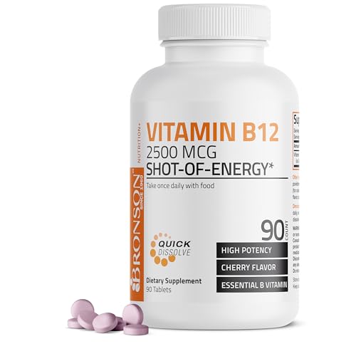 Vitamin B12 2500mcg Shot of Energy Fast Dissolve Chewable Tablets - Quick Release Cherry Flavored Sublingual B12 Vitamin - Supports Nervous System Healthy Brain Function Energy Production 90 Count
