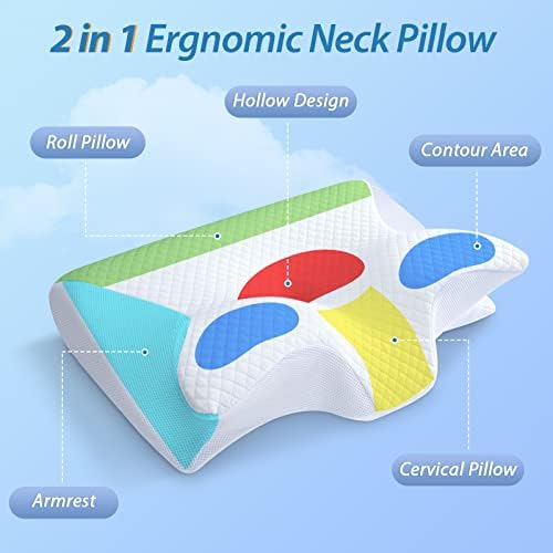 HOMCA Memory Foam Pillow, 2 in 1 Cervical Pillow for Neck Pain Relief, Ergonomic Neck Support Pillows for Side Back Stomach Sleepers with Breathable Pillowcase(White) - 1