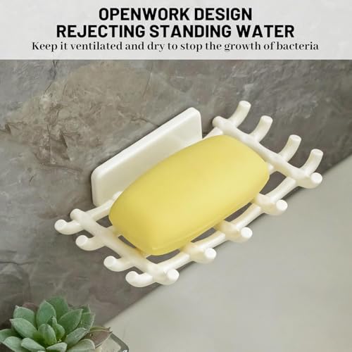 Image of Self Adhesive Soap Holder for Bathroom Wall | Plastic Soap Stand with Drain Tray | Wall Mounted Soap Dish | No Drilling Bathroom Soap Holder (02 Grid White Soap)