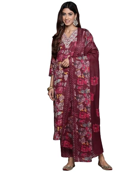 Varanga Women Maroon Floral Printed Embroidered Kurta Paired With Bottom And Dupatta