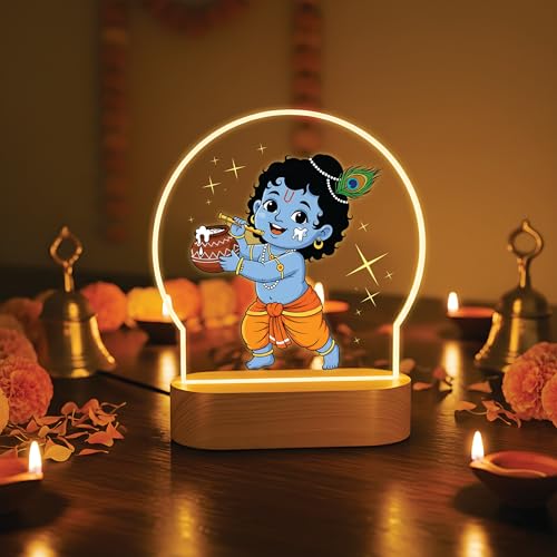 Image of Giftplease Bal Krishna LED Night Light - Warm Glow Makhan Chor Decorative Table Lamp for Pooja Room, Kids Bedroom & Office - Divine Devotional Gift for Janmashtami & Housewarming GL 07
