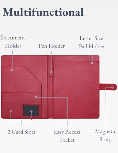 Image of Mymazn Padfolio Portfolio Folder, Faux Leather Interview Resume Folder with Document Organizer & Business Card Holder, Letter-Sized Notepad Legal Pad Holder for Men Women (Dark Red)