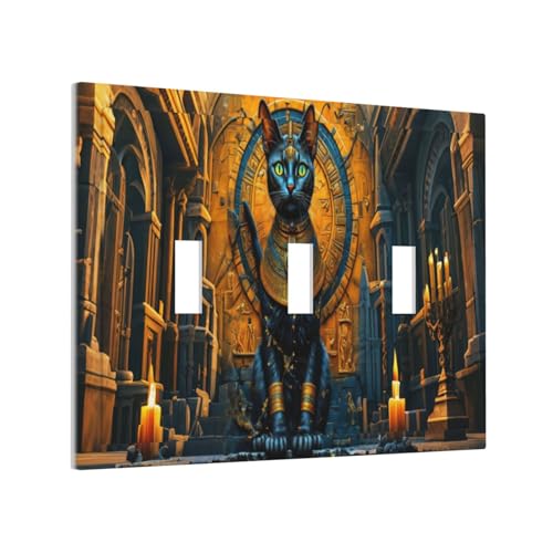 Decorative Switch Covers Plate Egyptian Black Cat Vintage Gold Decorated 3 Gang Wall Plate Oversized Triple Toggle Light Switch Plate Jumbo Faceplate for Bedroom Home Decor