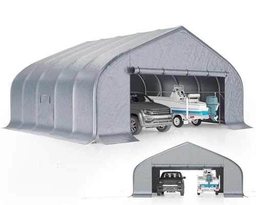 AMERLIFE 22.5 x 20 FT Enclosed Carport, Heavy Duty Garage with Waterproof Cover, UV Protection & Wind Resistant, Portable Carport for 2 Car, Boat Shelter & Farm Outdoor Storage, Silver
