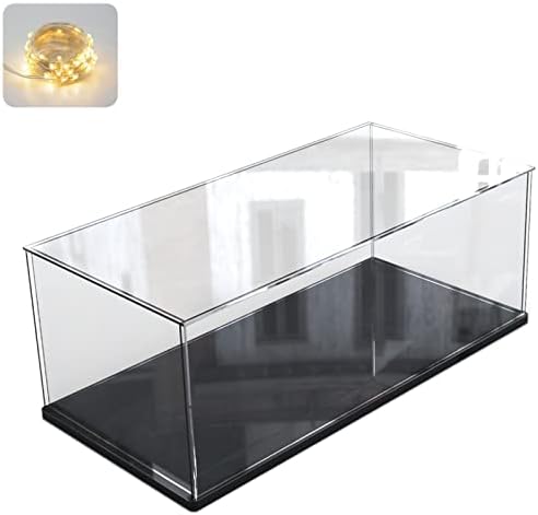 Thickened Clear Acrylic Display Case for Lego 21317 10295 Collectibles, Assemble Box Dustproof Protection with Black Wood-Plastic Base & String Light 15.7x7.9x7.9inch