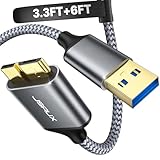 USB 3.0 Micro Cable, JSAUX 2 Pack (3.3ft+6.6ft) USB 3.0 A to Micro B Cable Charger Nylon Braided Cord Compatible with Samsung Galaxy S5, Note 3, Note Pro 12.2, Hard Drive, Camera etc. (Grey)