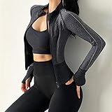 Feature: Komprimierte XYZMDJ Herbst-Winter-Reißverschluss-Sport-Jacke Frauen Elastic Training Fitness Langarm-Sweatshirt Nahtlose Patchwork Lauftraining Mantel (Color : Black Grey, Size : L Code)