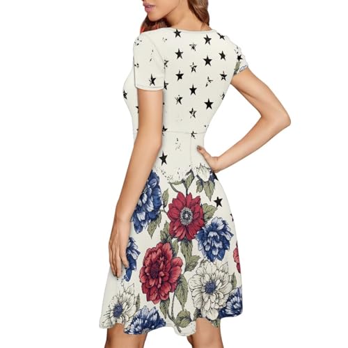 Image of HUGS IDEA Womens Puffy Swing Midi Dress Round Neck Short Sleeve Party A-Line Dresses