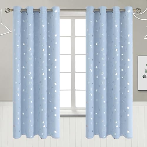 Image of BGment Kids Curtains for Bedroom 72 Inch Length, Nursery Star and Moon Blackout Curtains for Boys, Decoration Thermal Insulated Room Darkening Window Curtains for Girls Babys, Spa Blue, 52 Wide